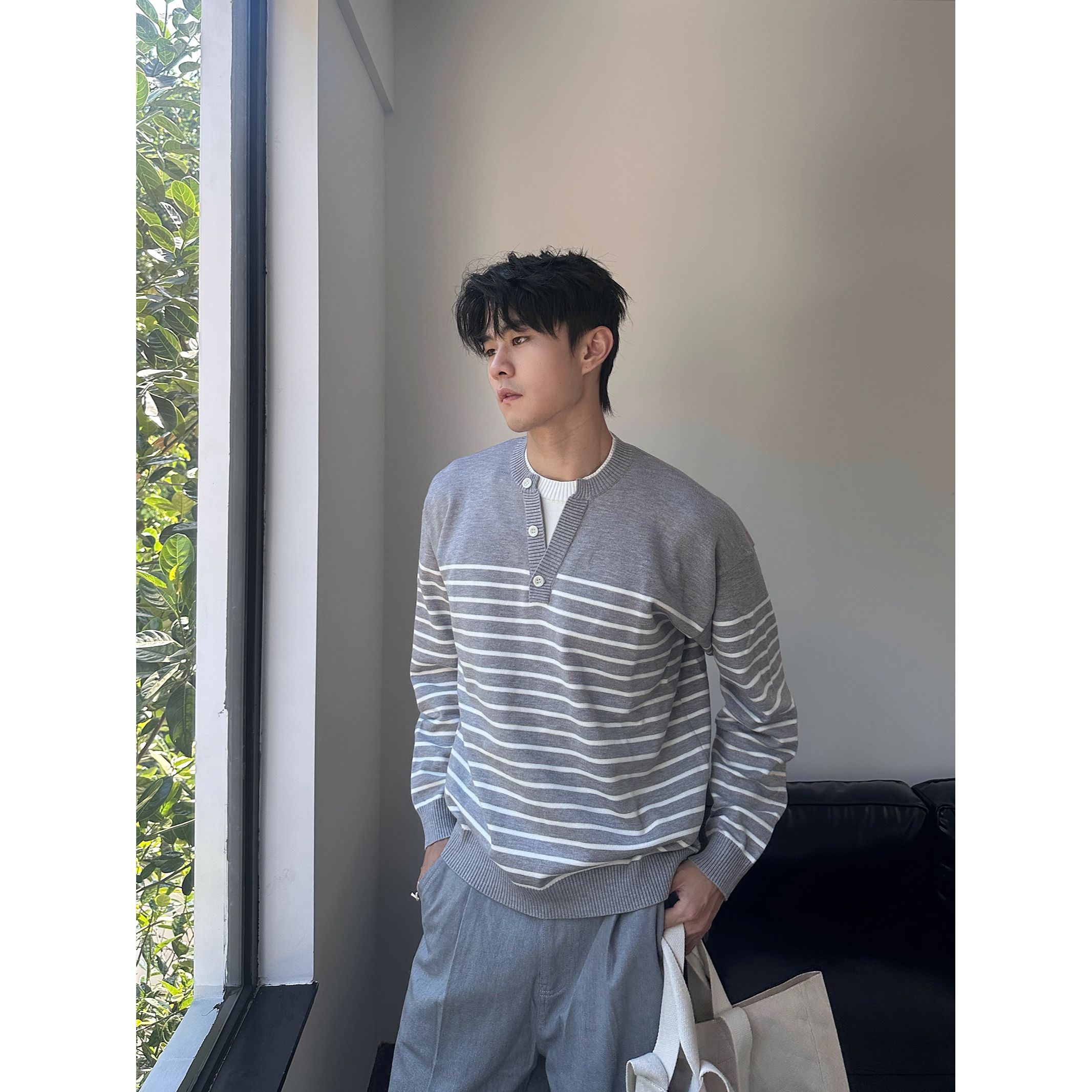 毛衣男款秋冬男士打底衫假两件高级感条纹日系男装潮针织毛衣上衣