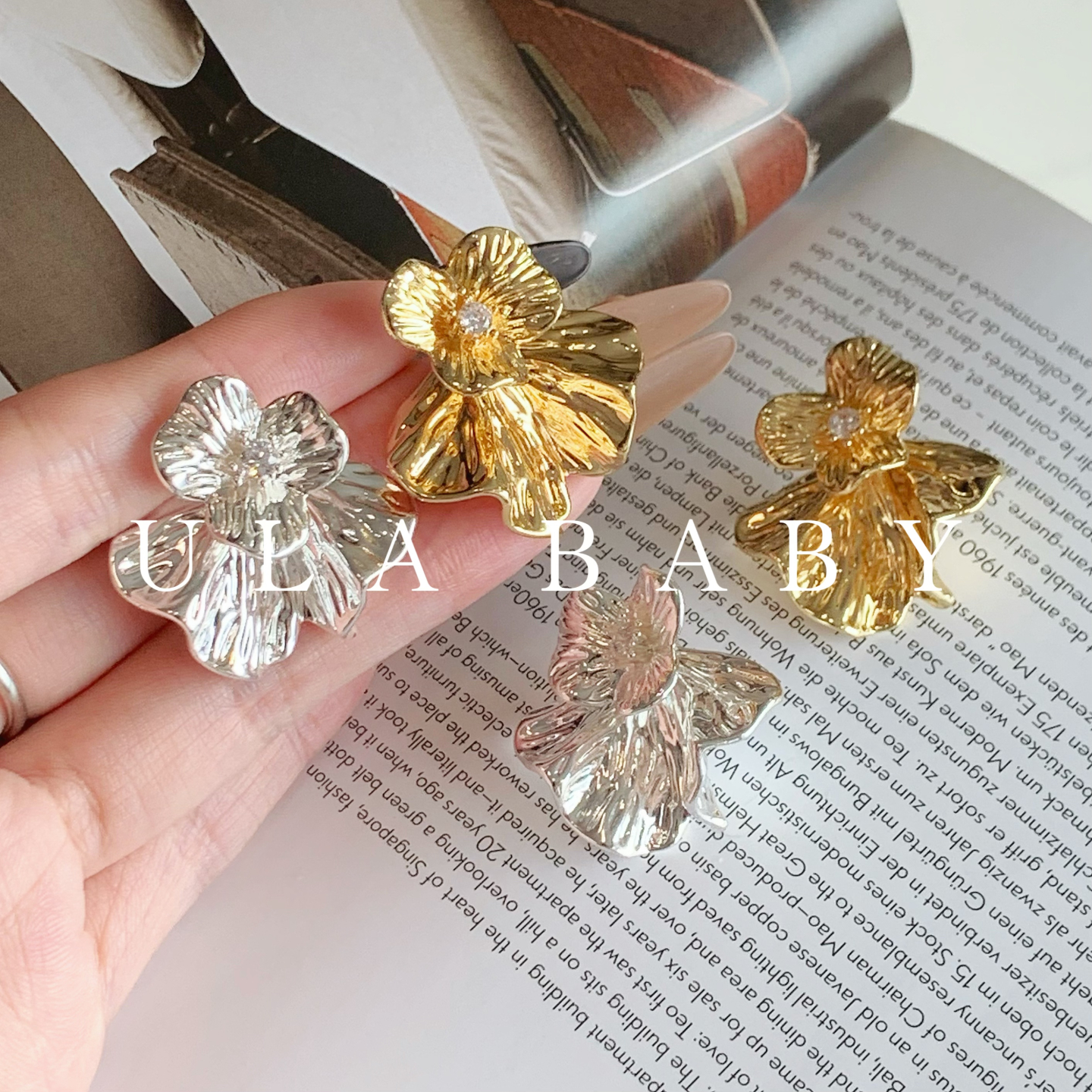 铜合金合成锆石耳饰 【喜儿ula】11-1-1潮流金属熔岩花朵气质耳钉