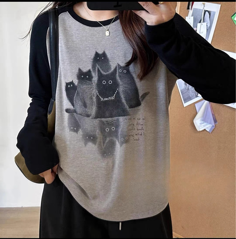 复古猫咪拼色插肩长袖T恤女大码女装秋季新款打底衫