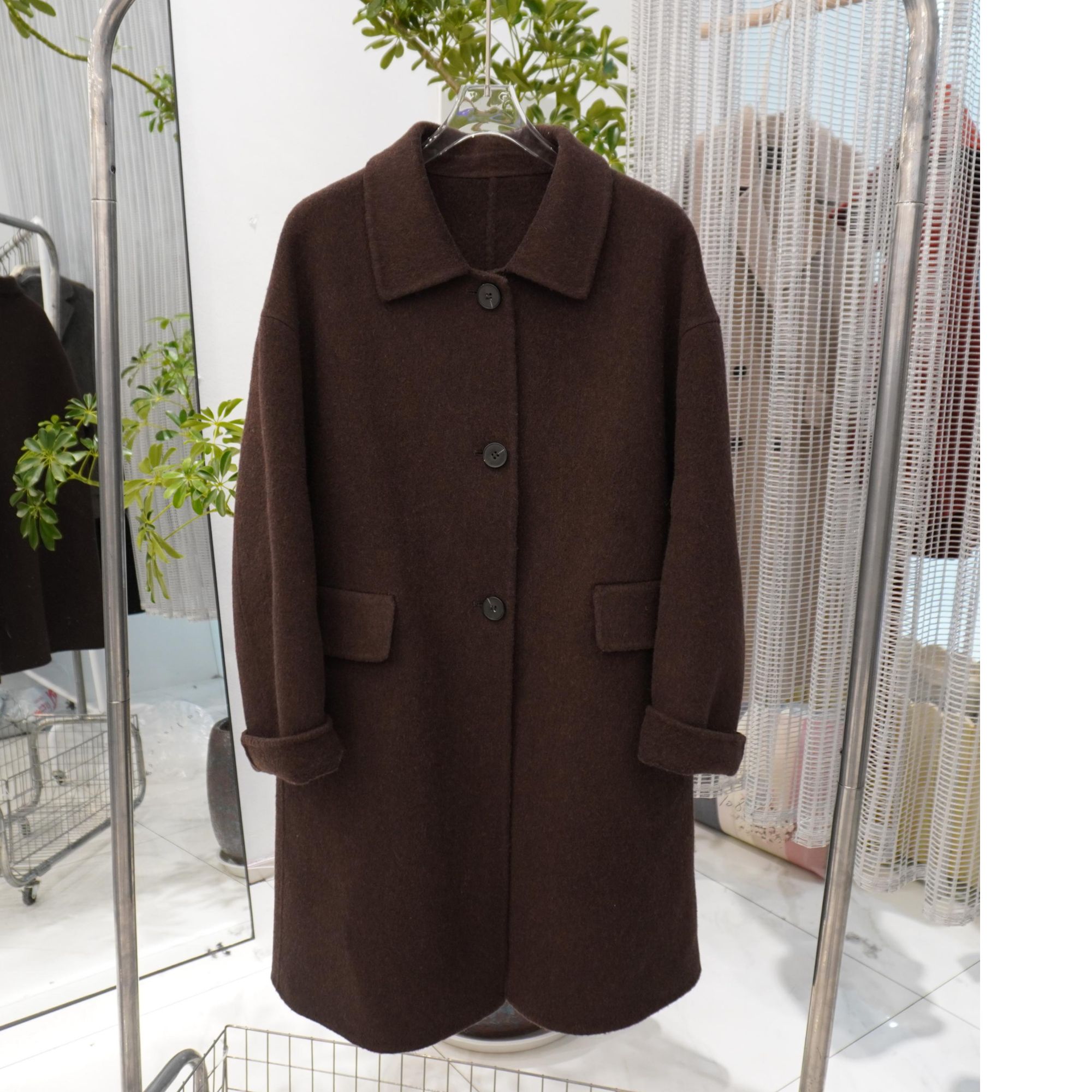 5011款韩版时尚气质翻领高支羊毛双面呢中长款外套