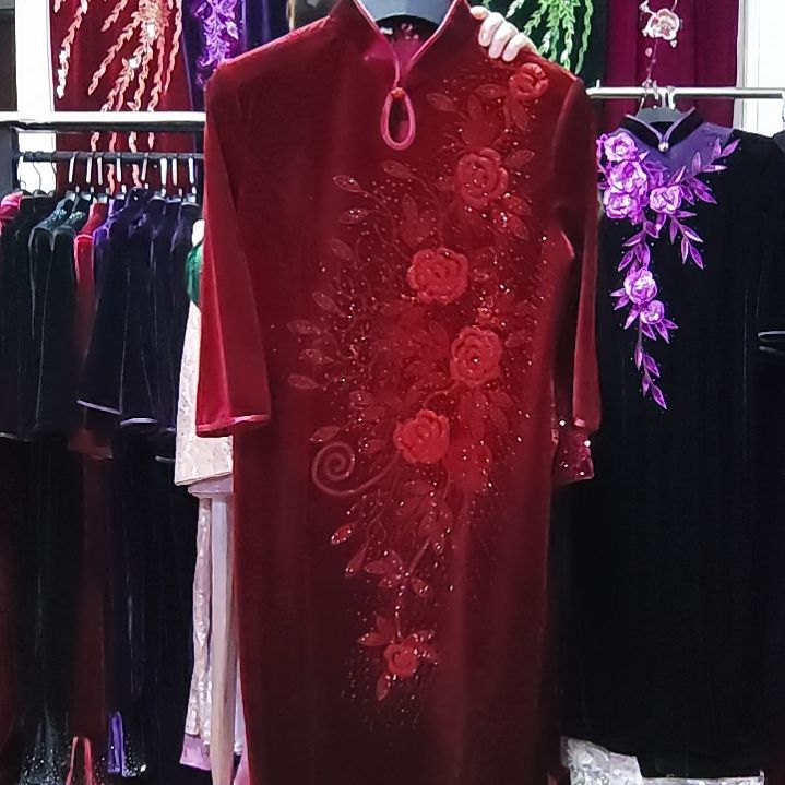 酒红色金丝绒重工中长旗袍3XL130-140内胸围112腰围98