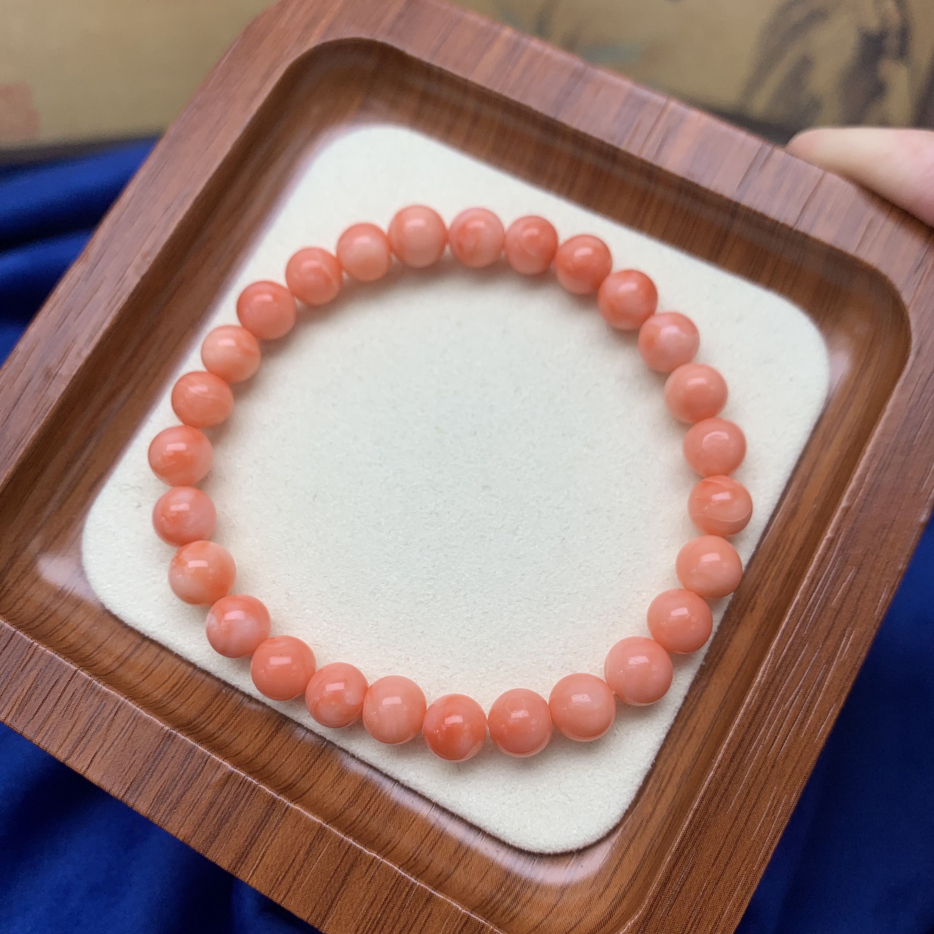 天然台湾momo粉珊瑚俏色单圈圆珠手串基地一物一证FJXDW1217-27