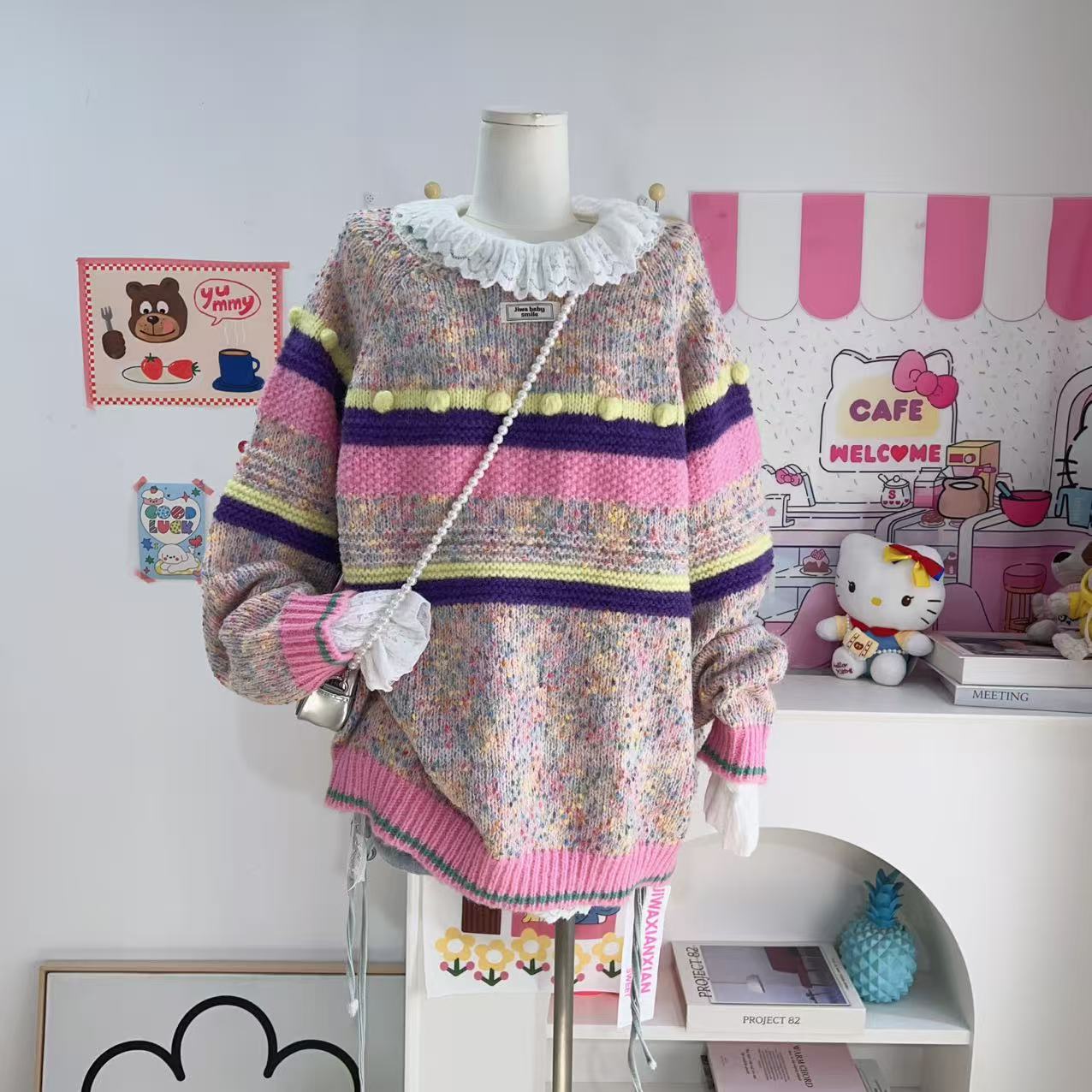 【钱呼呼】2025秋季新款彩虹拼色可爱韩系套头宽松毛衣女