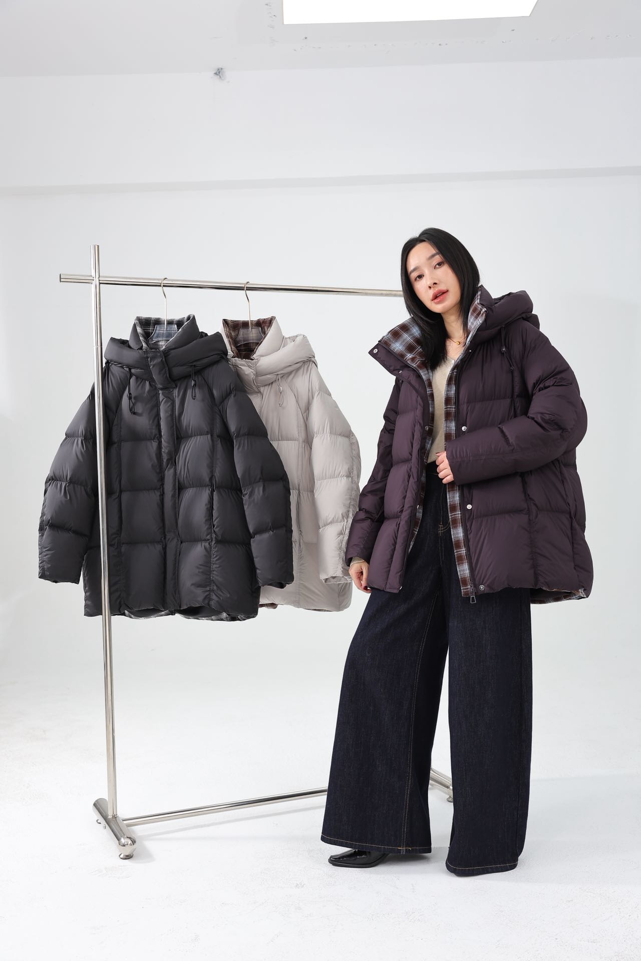 高货中长款羽绒服女90鸭绒冬季撞格纹连帽保暖宽松显瘦外套