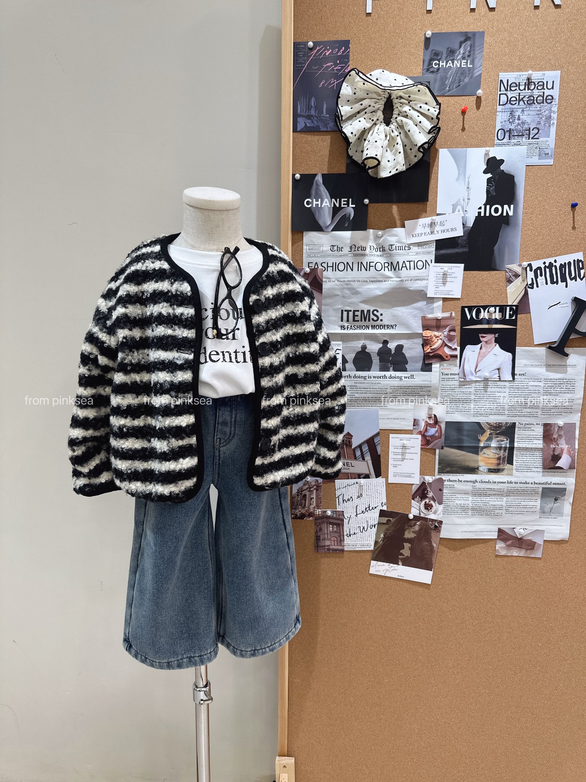小粉象 ·女童2025冬季新款韩版条纹夹棉外套内搭T加绒牛仔裤套装