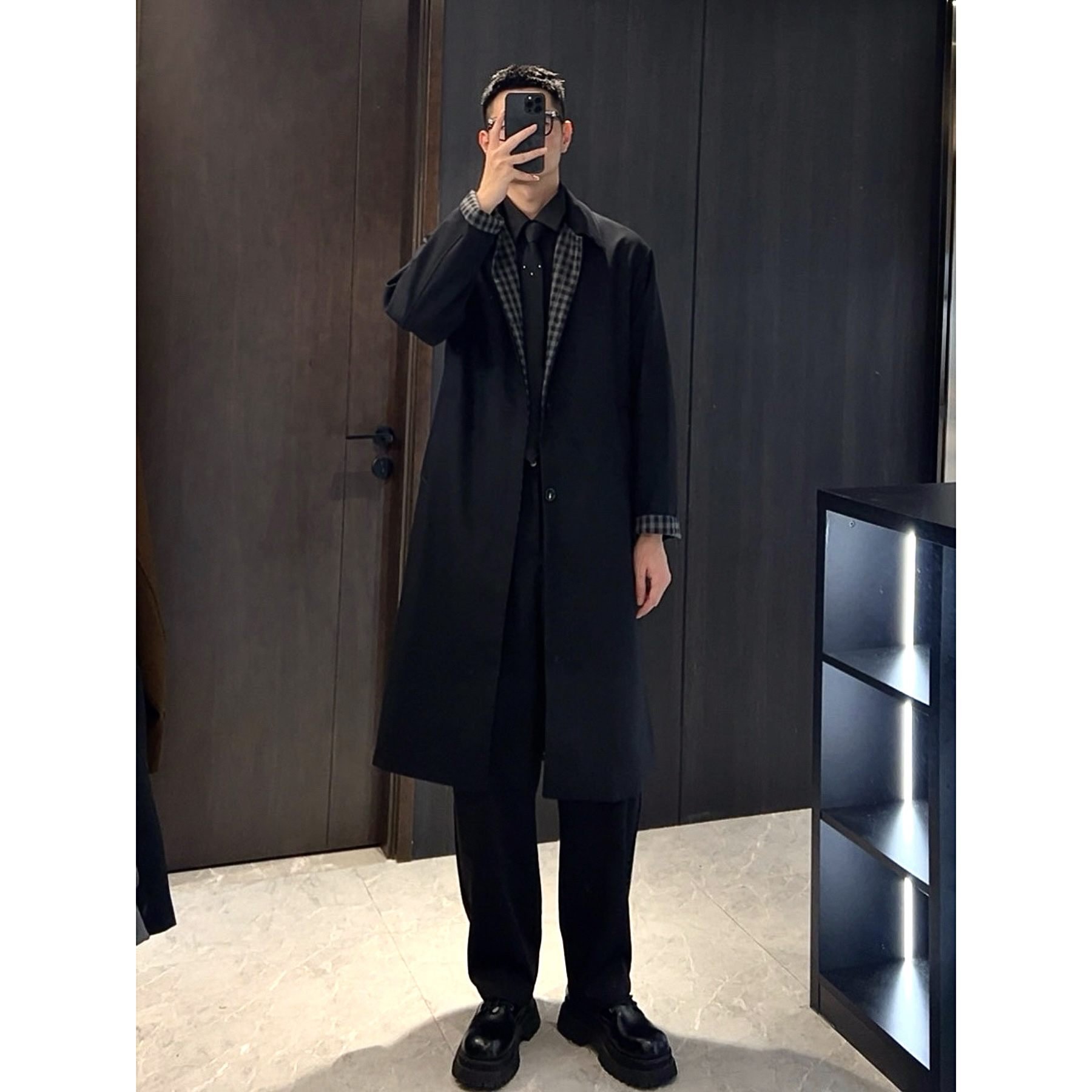 【J.studio】格纹拼接风衣秋季宽松时尚中长款风衣百搭气质休闲外套