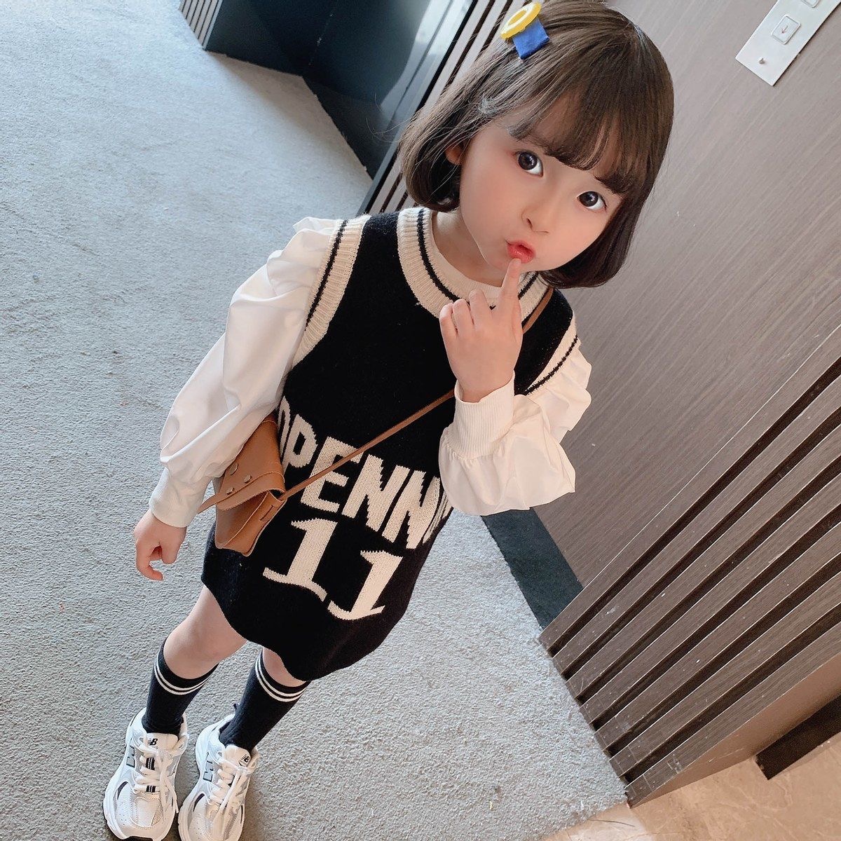 5536新款春秋款女童洋气马甲裙长款背心针织衫百搭黑色系亲子毛衣