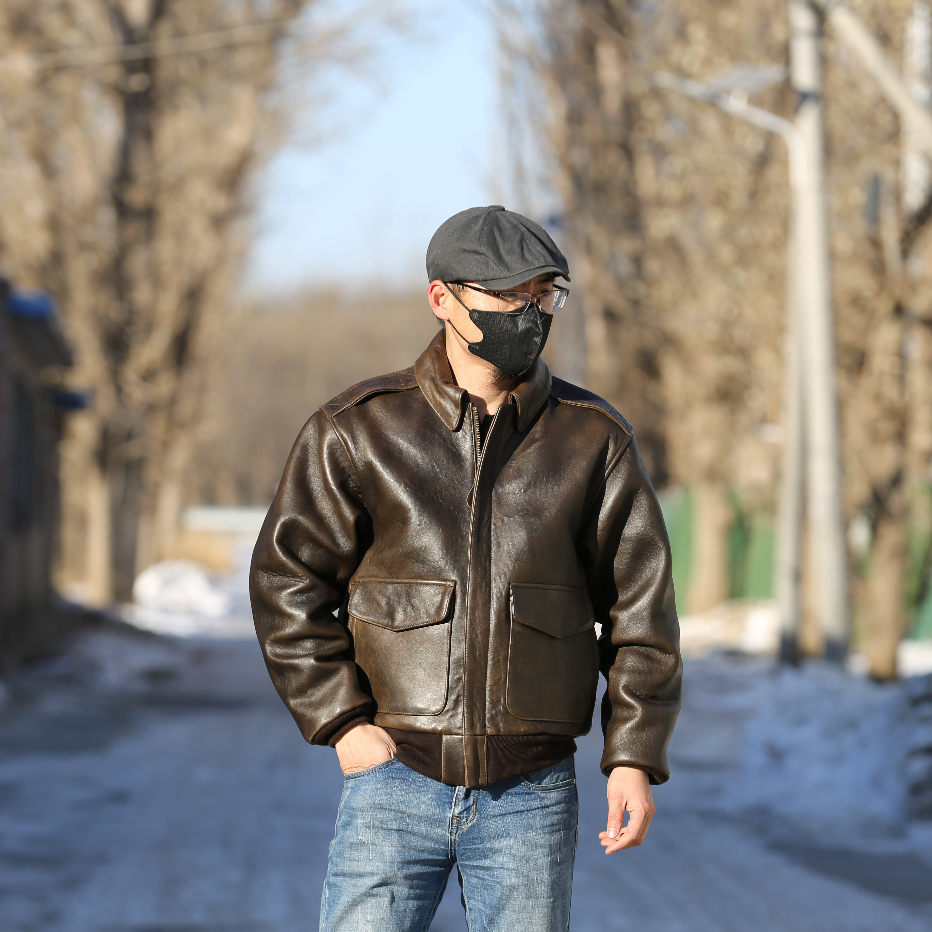 男士扩版美式休闲百搭经典A2做旧飞行服夹克加厚绵羊皮皮衣