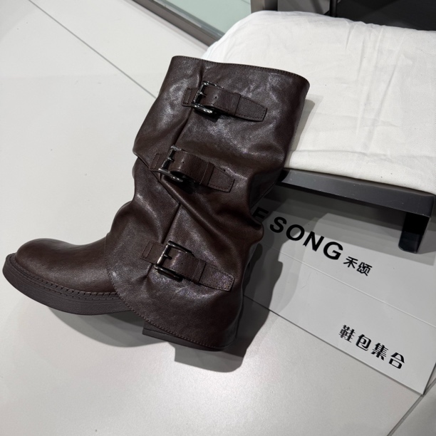 复古厚底裤管靴女秋冬粗跟扣带过膝长筒堆堆靴小众设计时装靴