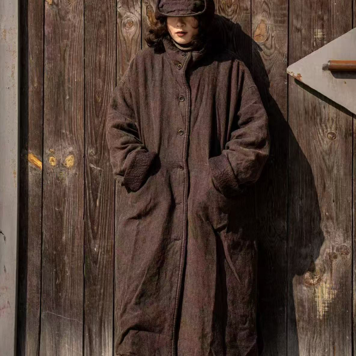 布衣坊推荐疯子张做旧长款亚麻棉衣款号08588衣长120胸围156