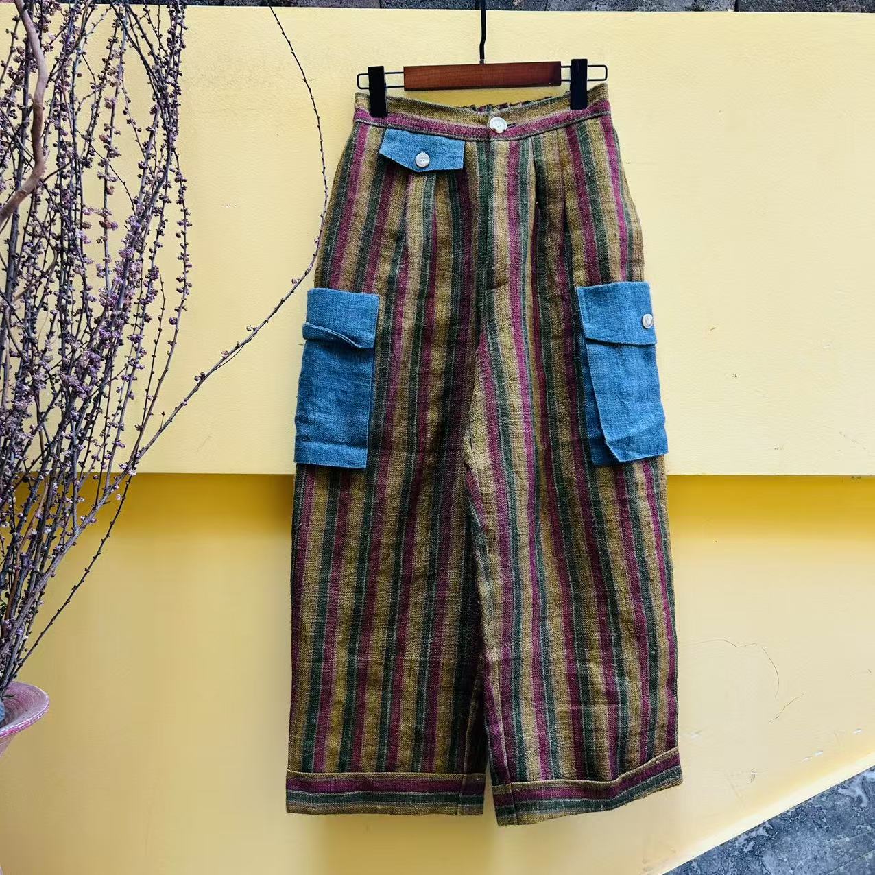 四两民族风手织麻料条纹阔腿裤休闲裤