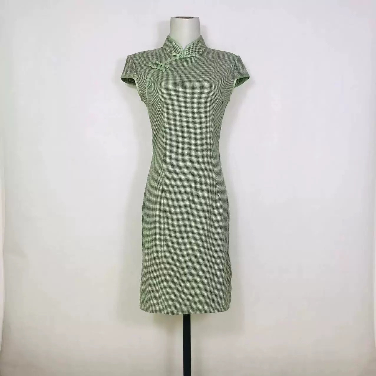 【2454 一字扣 绿色格】显瘦气质修身优雅复古中国风旗袍