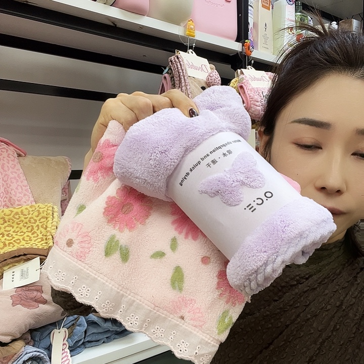 金属紫色毛巾粉花干发帽