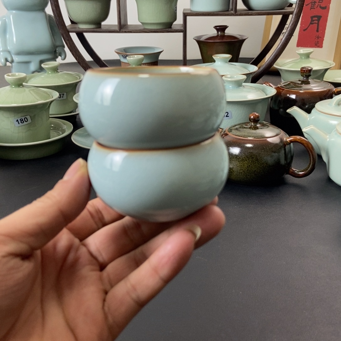 一级品天青釉禅定杯两只