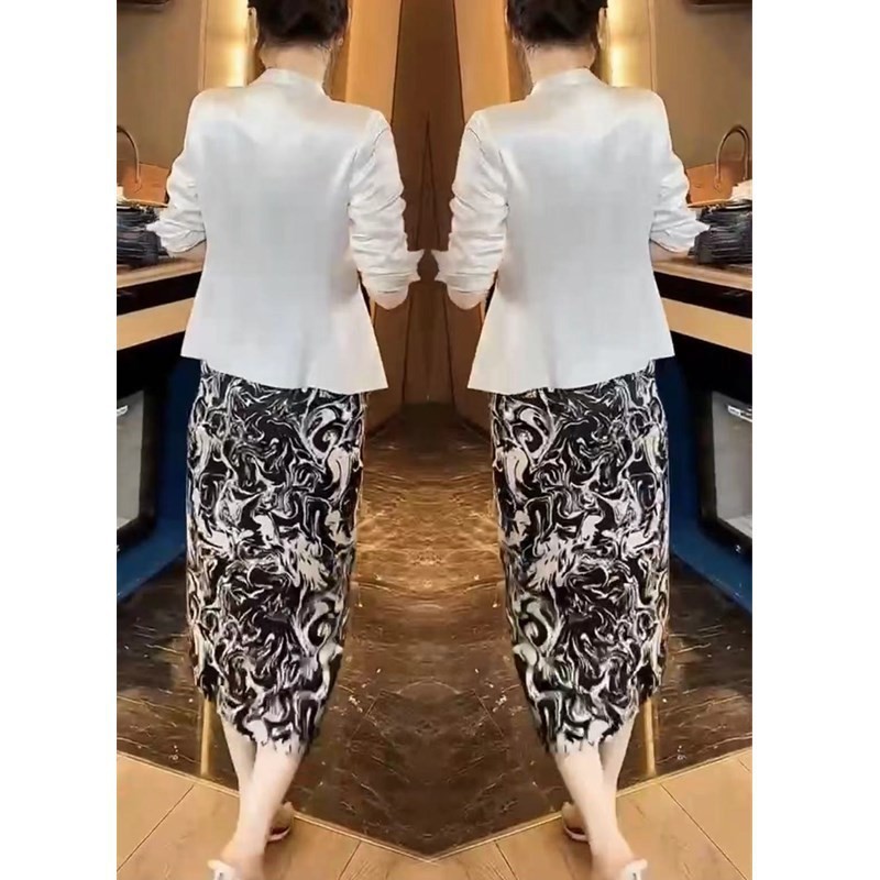 23552大爱美依缘2025新款纯色长袖西服外套高腰印花半身裙洋气女