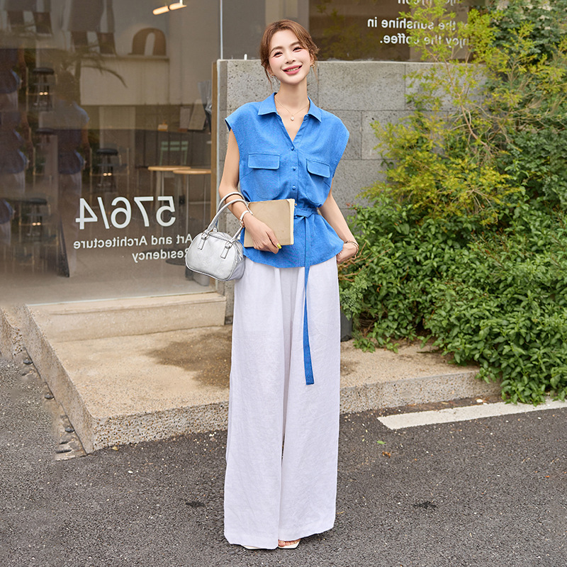 2025夏季新款时尚套装女显瘦百搭无袖衬衫女阔服裤两件套AH66663
