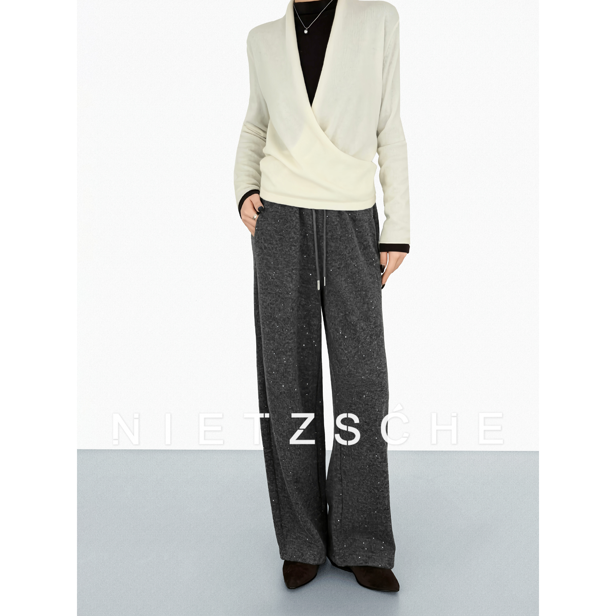 尼采 官方直营｜星光暖暖裤｜羊毛亮片花纱显瘦百搭女装休闲裤62079