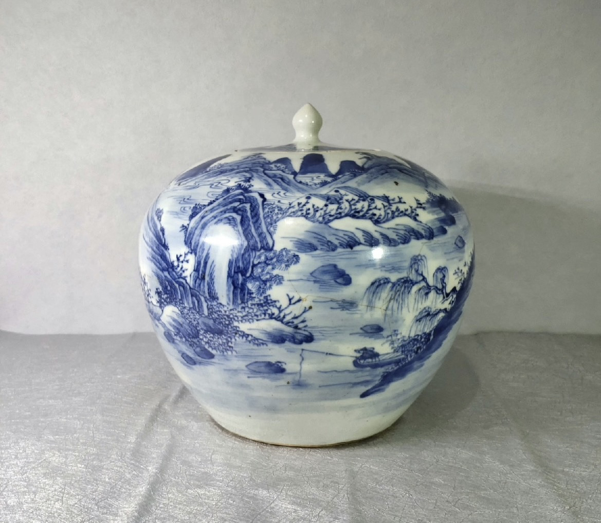 清 山水人物西瓜罐