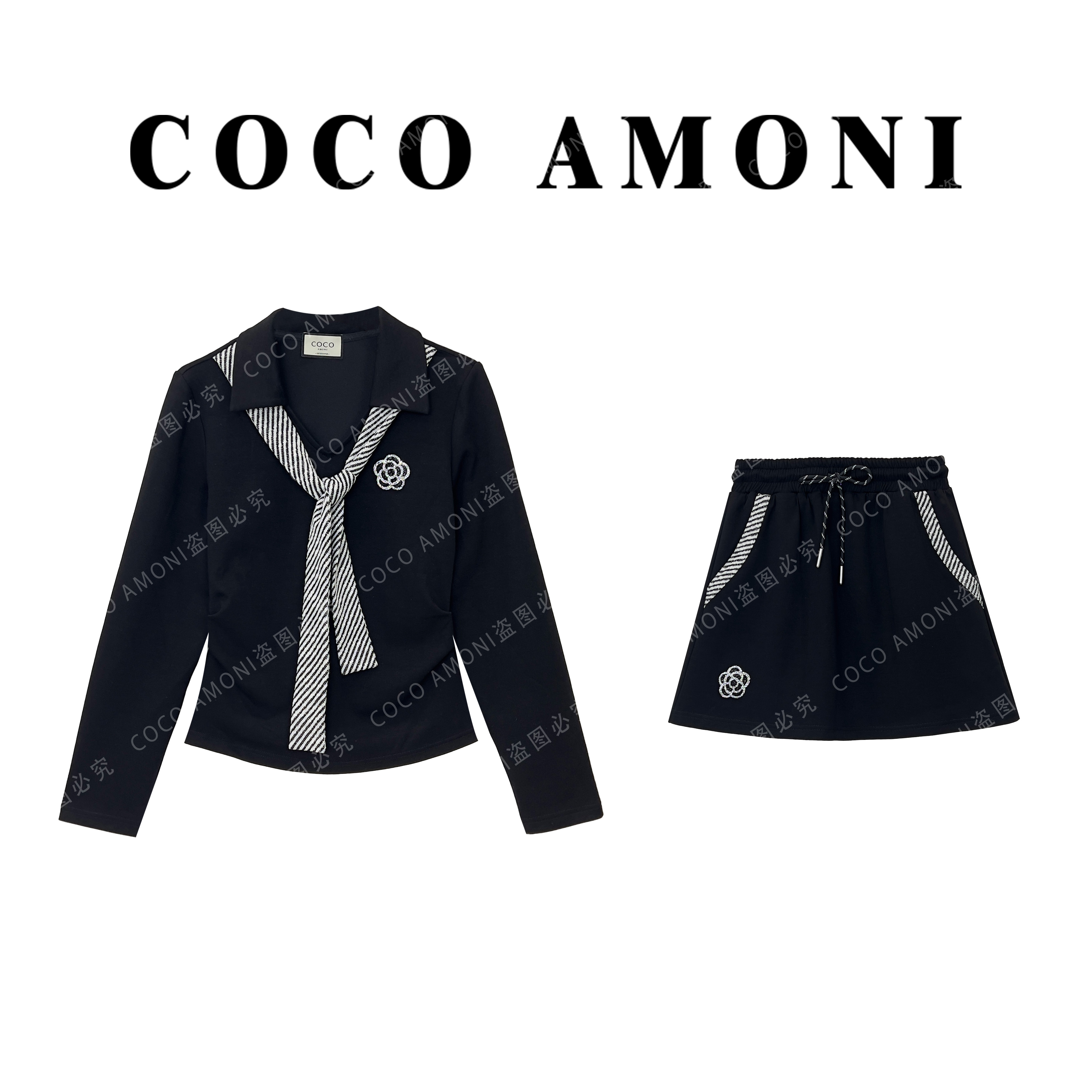 时尚休闲高级感原创新款拼接烫钻山茶花显瘦气质套装ZC946