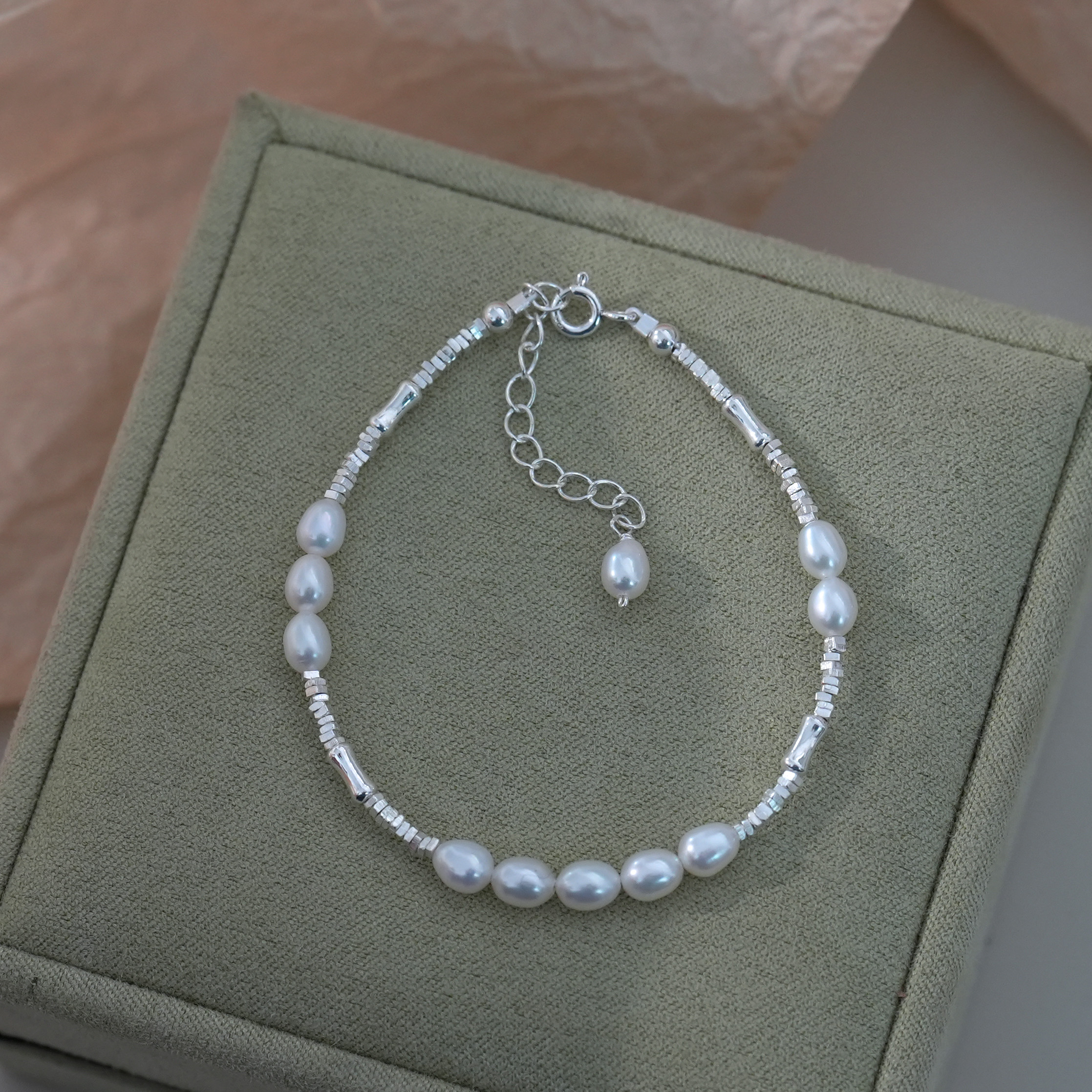 4-5mm天然胖米S925竹节碎银手链精致款温柔风