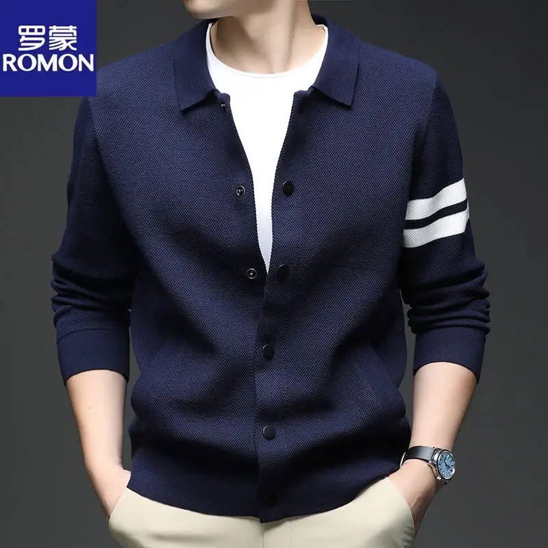 罗蒙翻领条纹针织开衫男2025秋季新款宽松休闲时尚毛衣外套男装潮
