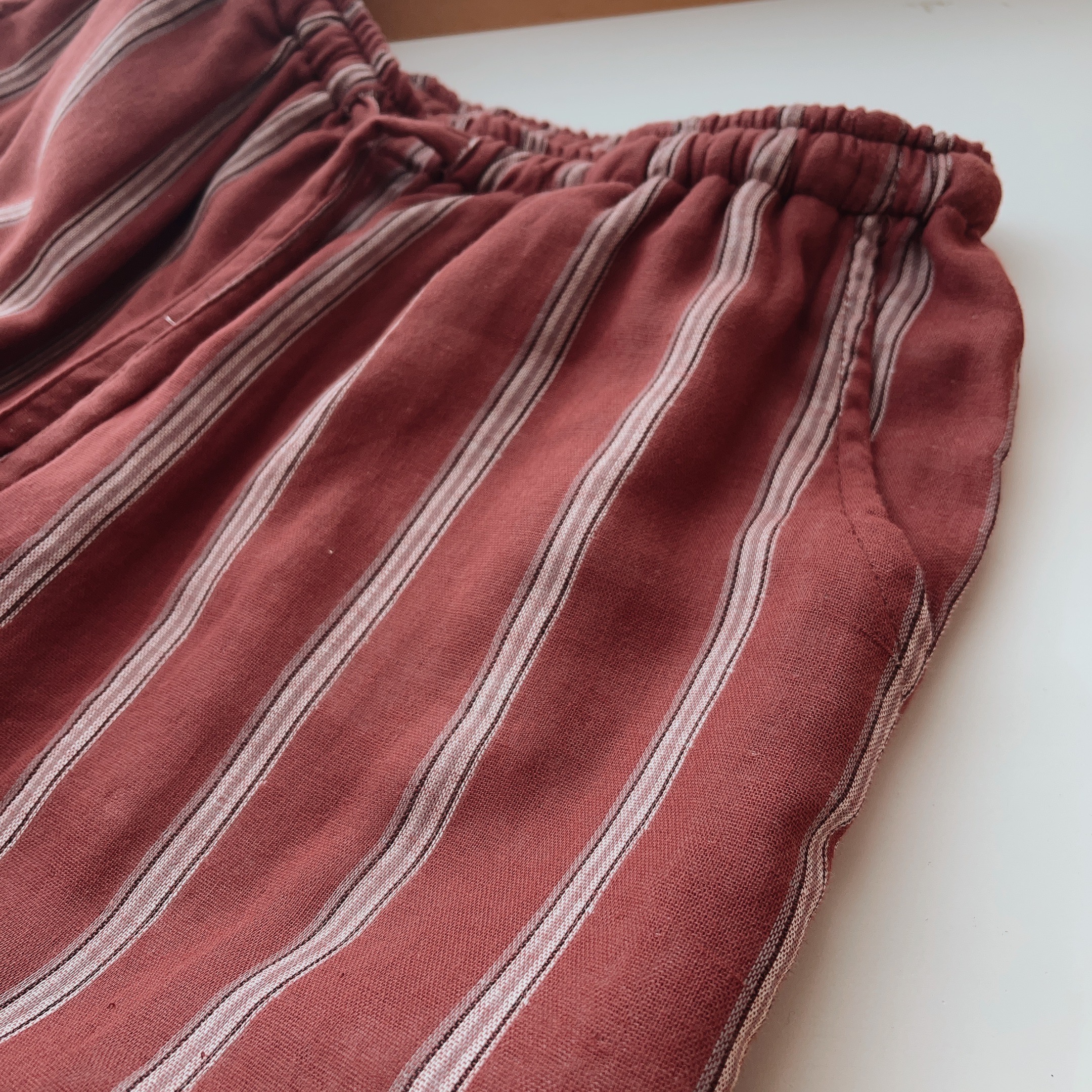 夏季纯棉女士睡裤简约条纹3层棉纱宽松中腰带口袋薄款睡裤258634