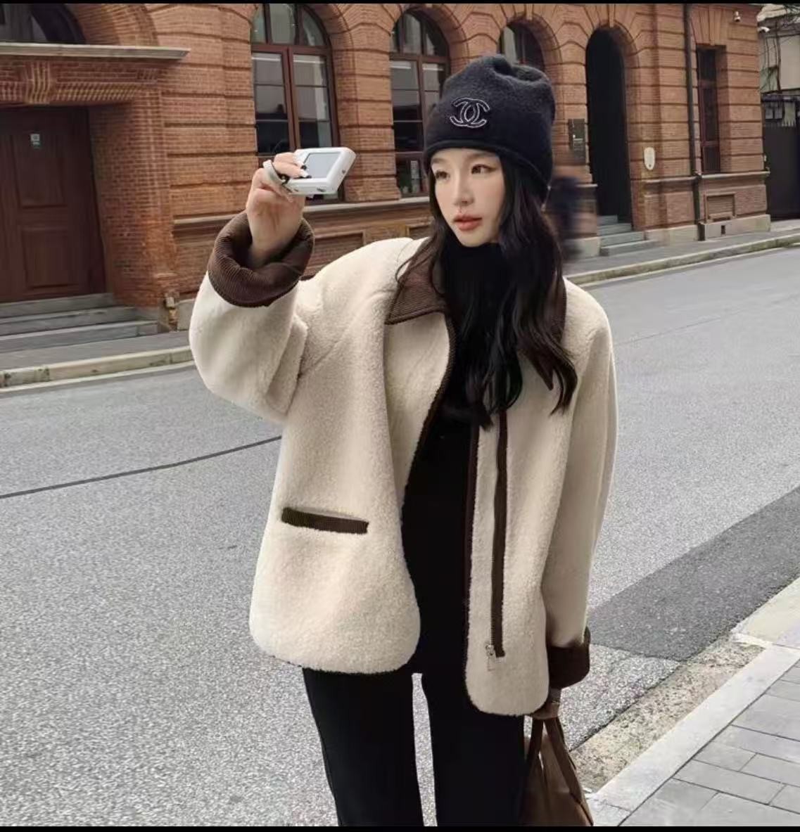 欧货秋冬加绒韩版女撞色翻领韩系短外套百搭加厚宽松羊羔绒外套女