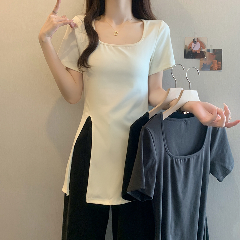 J大码韩系休闲纯色开叉方口领短袖T恤女