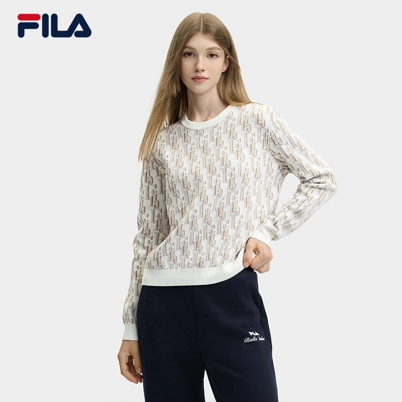 Fila/斐乐2024秋冬新款女子休闲满印长袖编织套头毛衣F61W548498A