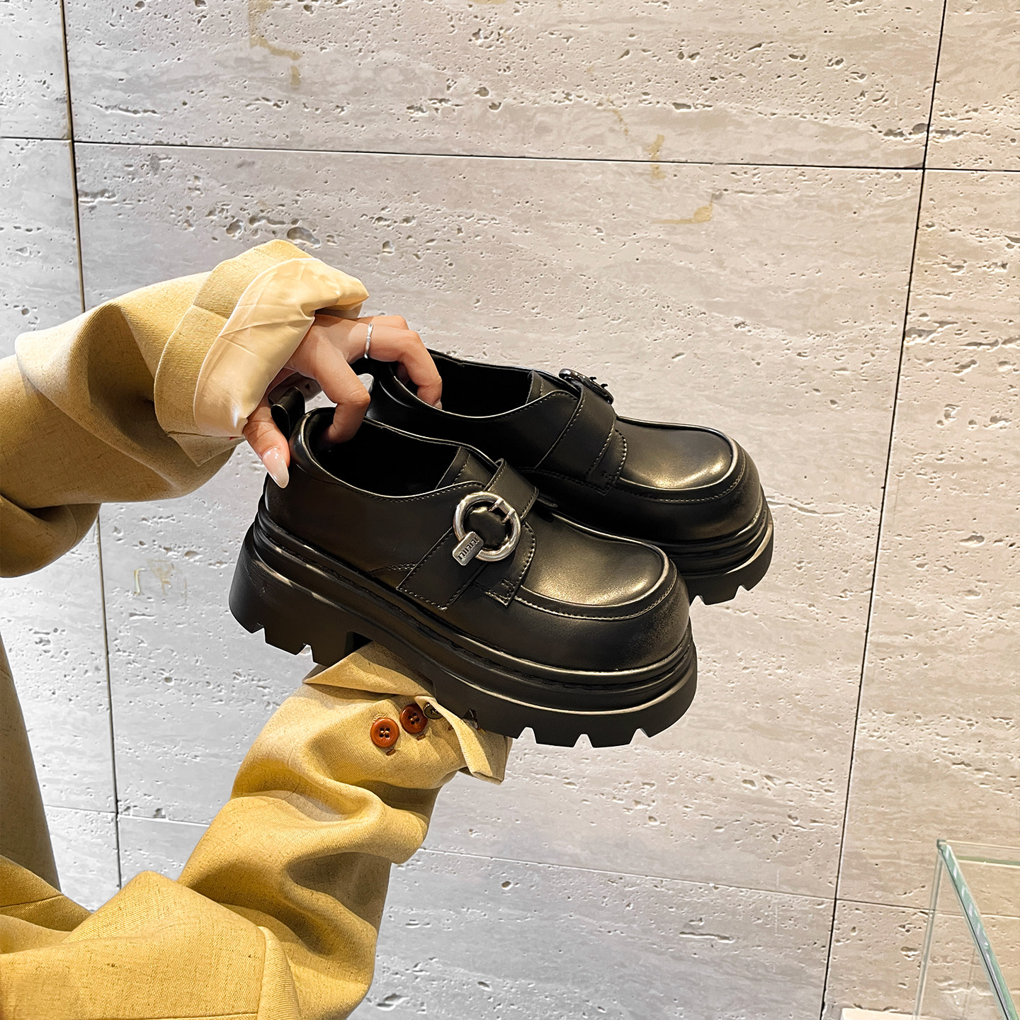 厚底乐福鞋女黑色百搭粗跟单鞋英伦风皮鞋CQ-Y6803