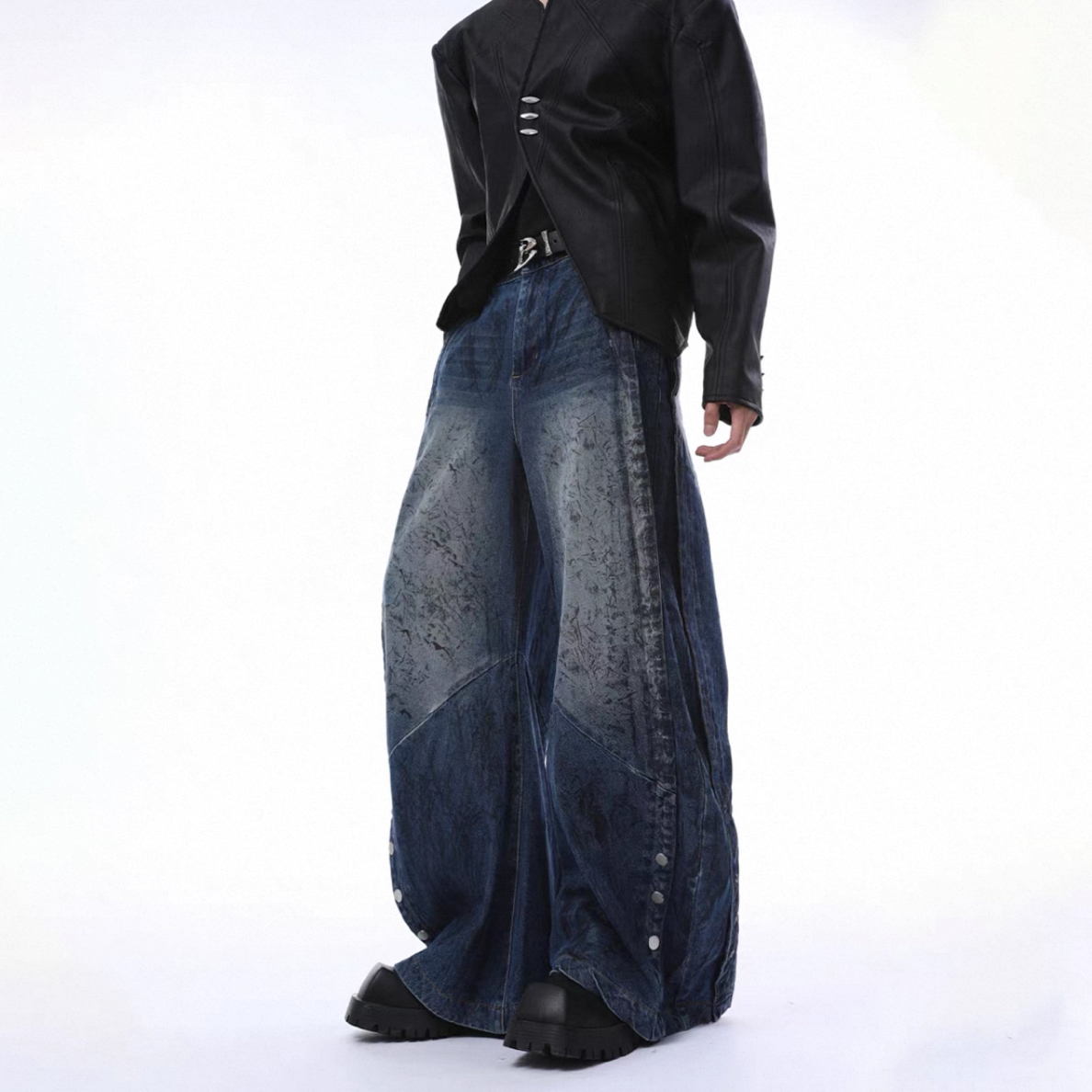 D21#某饱2张！小众解构水洗做旧纽扣设计感阔腿牛仔裤美式长裤