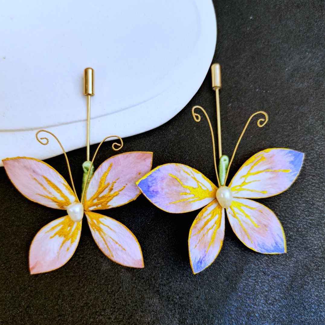 铜合金胸针 328 国风款手作绒花蝴蝶刺式胸针