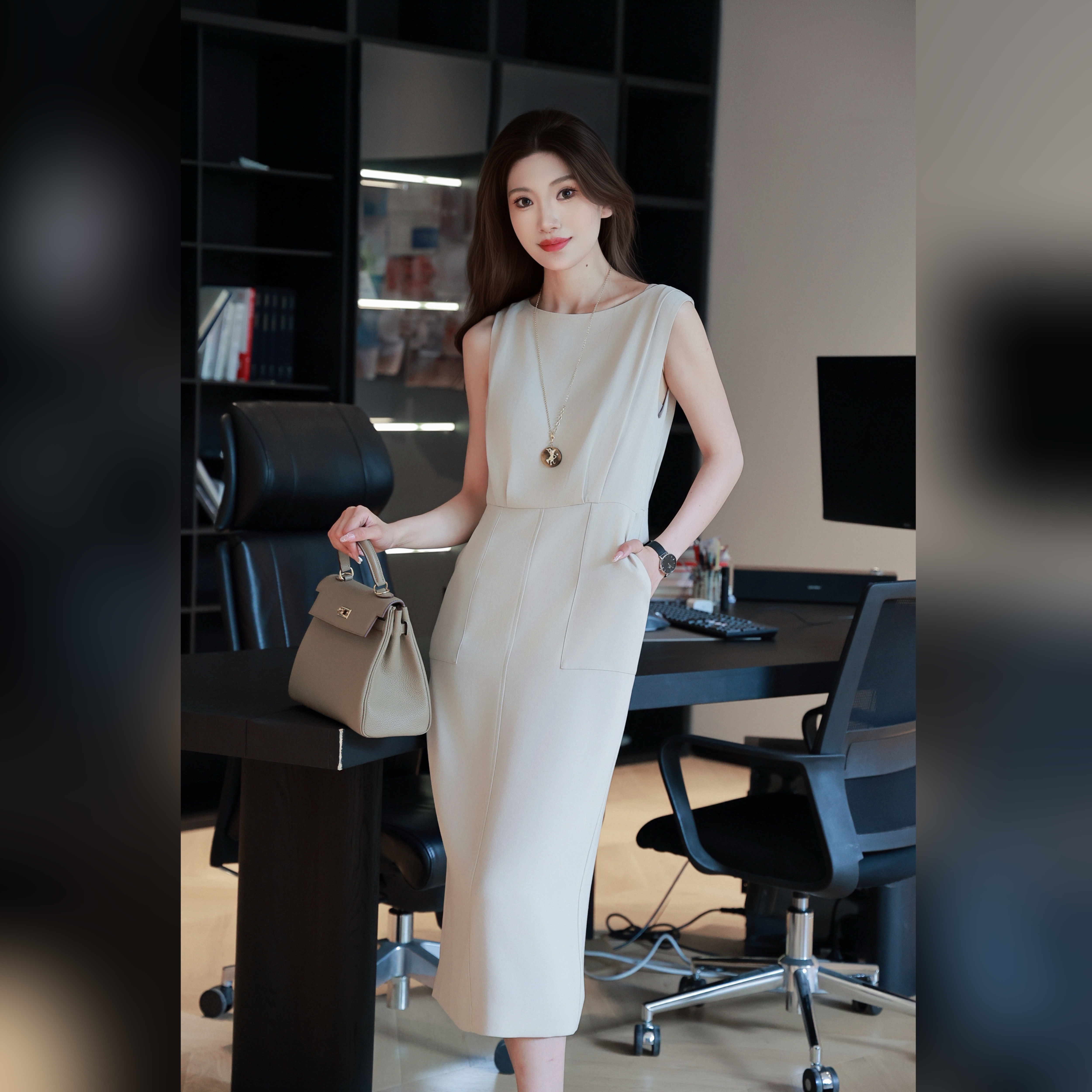 阿玛施纯色新中式古风通勤职场无袖中长款极简连衣裙女 5500508