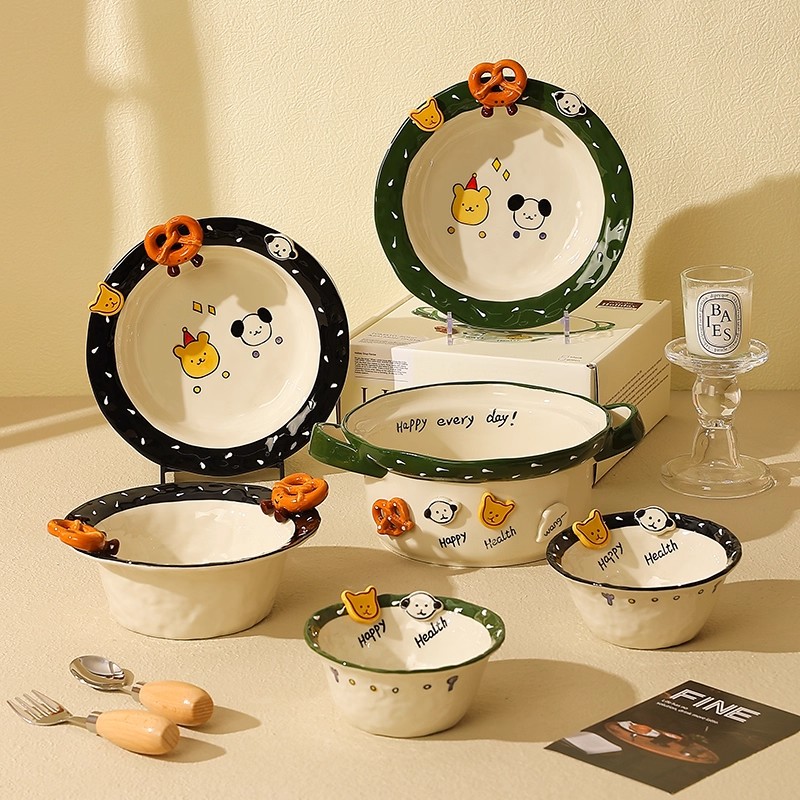 可爱纽扣小狗浮雕餐具陶瓷盘子家用菜盘漂亮饭碗高颜值汤碗甜品碗