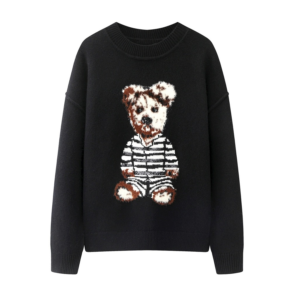【小熊】2025百搭宽松趣味提花黑色圆领毛衣套头针织衫2954