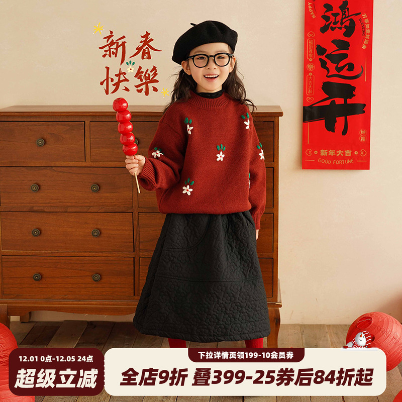 儿童毛衣2025冬季新款女童加厚套头圆领圣诞款拜年服新年红色针织