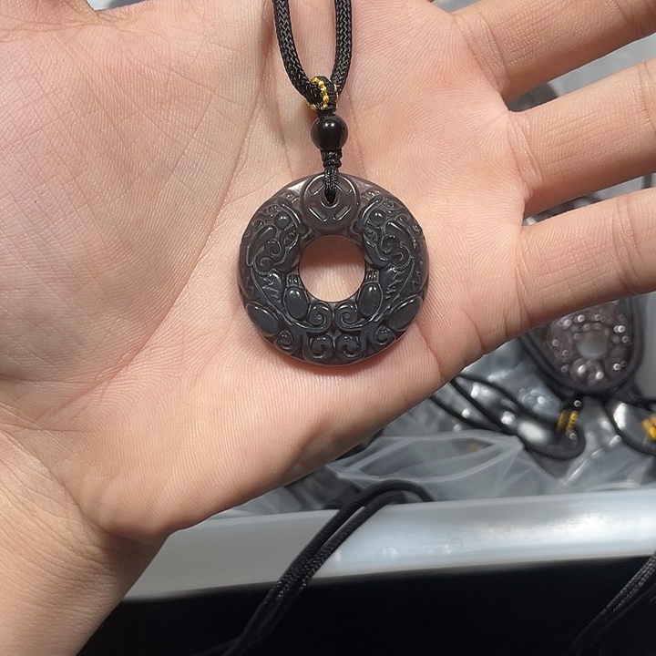 黑曜岩合金颈饰冰曜石双貔貅平安扣