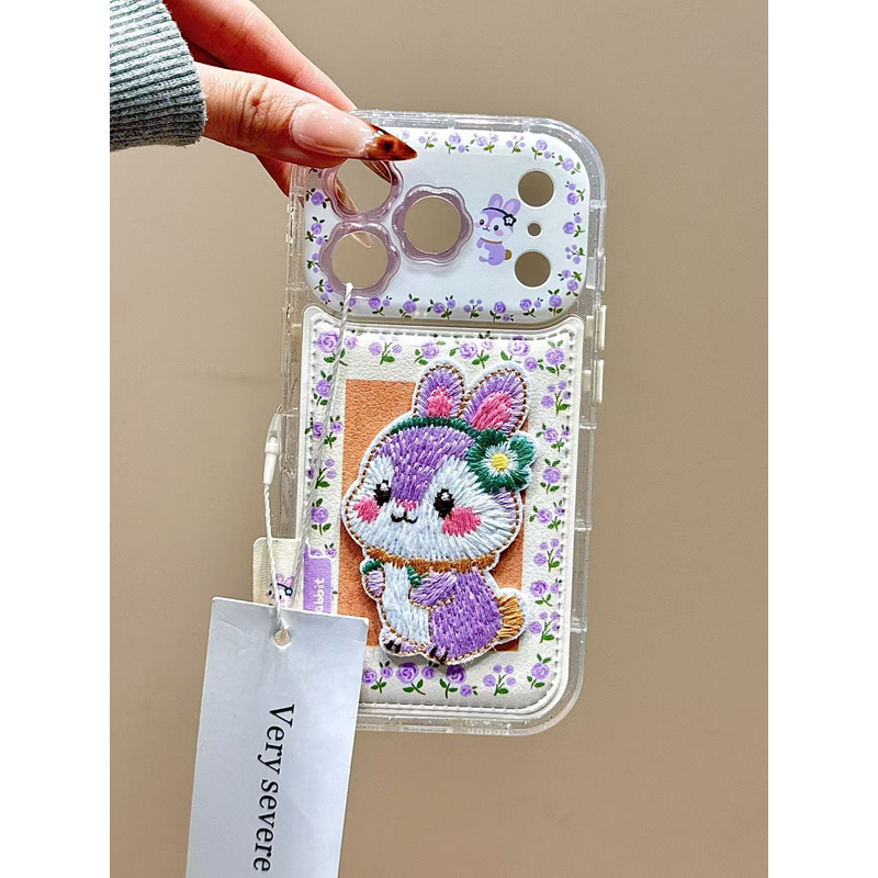 温柔ins风围边紫碎花刺绣兔子适用苹果17promax手机壳15iphone16