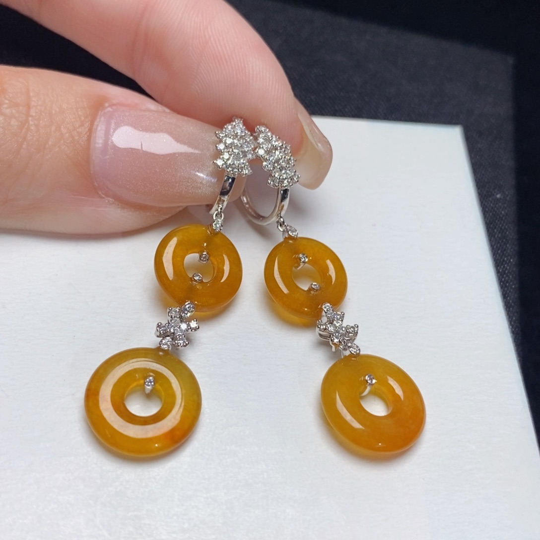 翡翠耳饰18K金镶嵌冰红翡甜甜圈