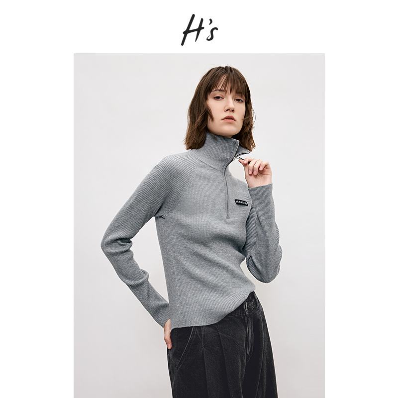 HS灰色半开拉链套头毛针织衫女装修身舒服含羊毛上衣