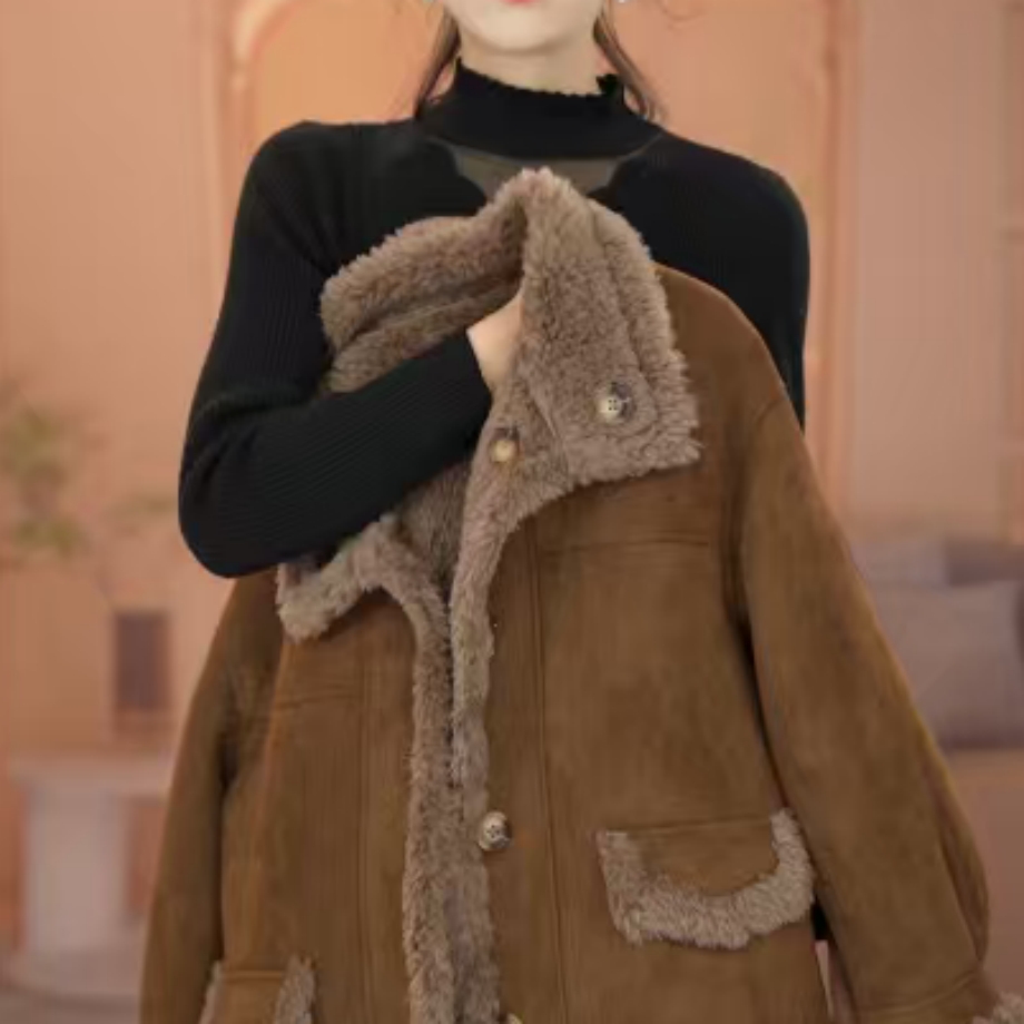 海宁正品毛毛一体外套女2025冬新款保暖澳洲绒毛外套中老年上衣女