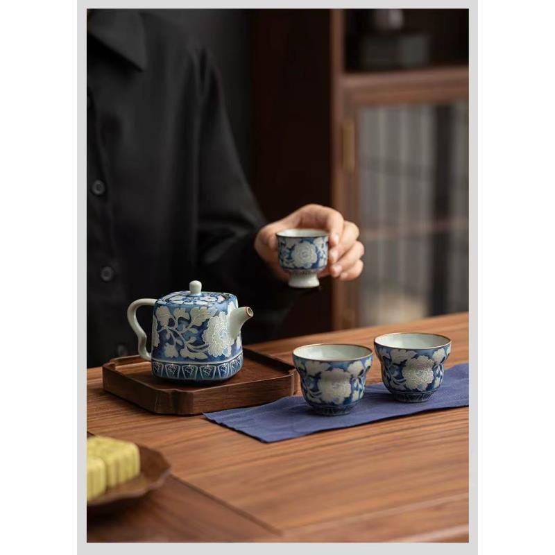 仿宋汝窑元青花四方壶陶瓷泡茶壶高档泡茶器一壶三杯配茶盘ZH3559