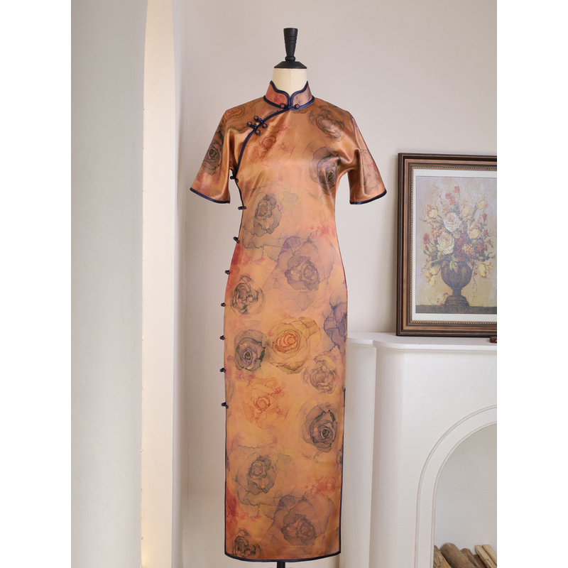 女神姑娘新品[花堤]50姆米重缎香云纱古法手工长旗袍NS250319-135