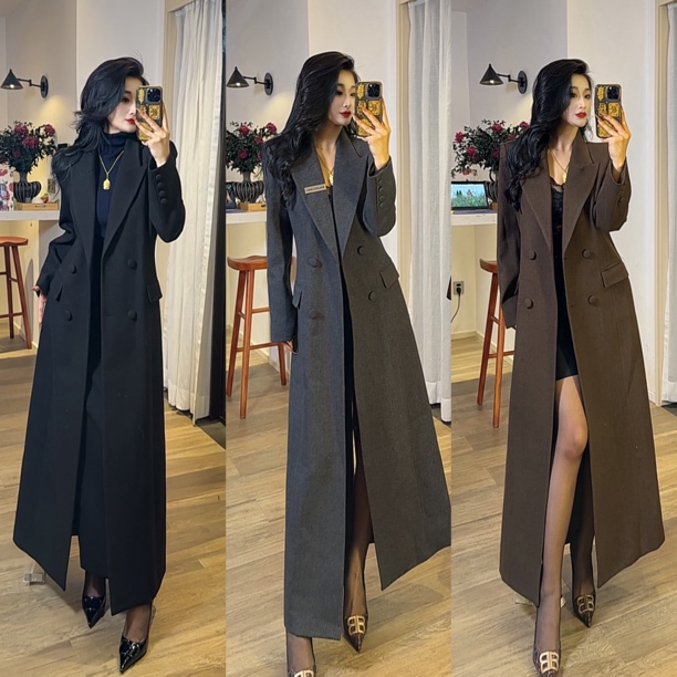 师小姐女装~冬季黑色高级感正肩显瘦超长款收腰大衣6928