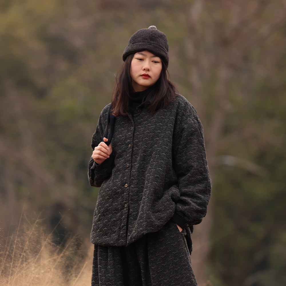 衣路走来原创设计冬季羊毛棉提花翻领夹棉棉衣 38454