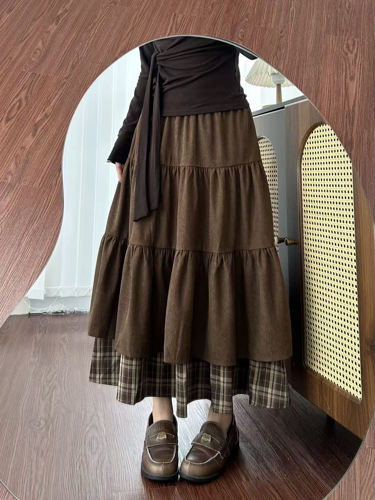 复古格纹灯芯绒半身裙女秋冬高腰显瘦A字长裙百搭防走光鱼尾裙