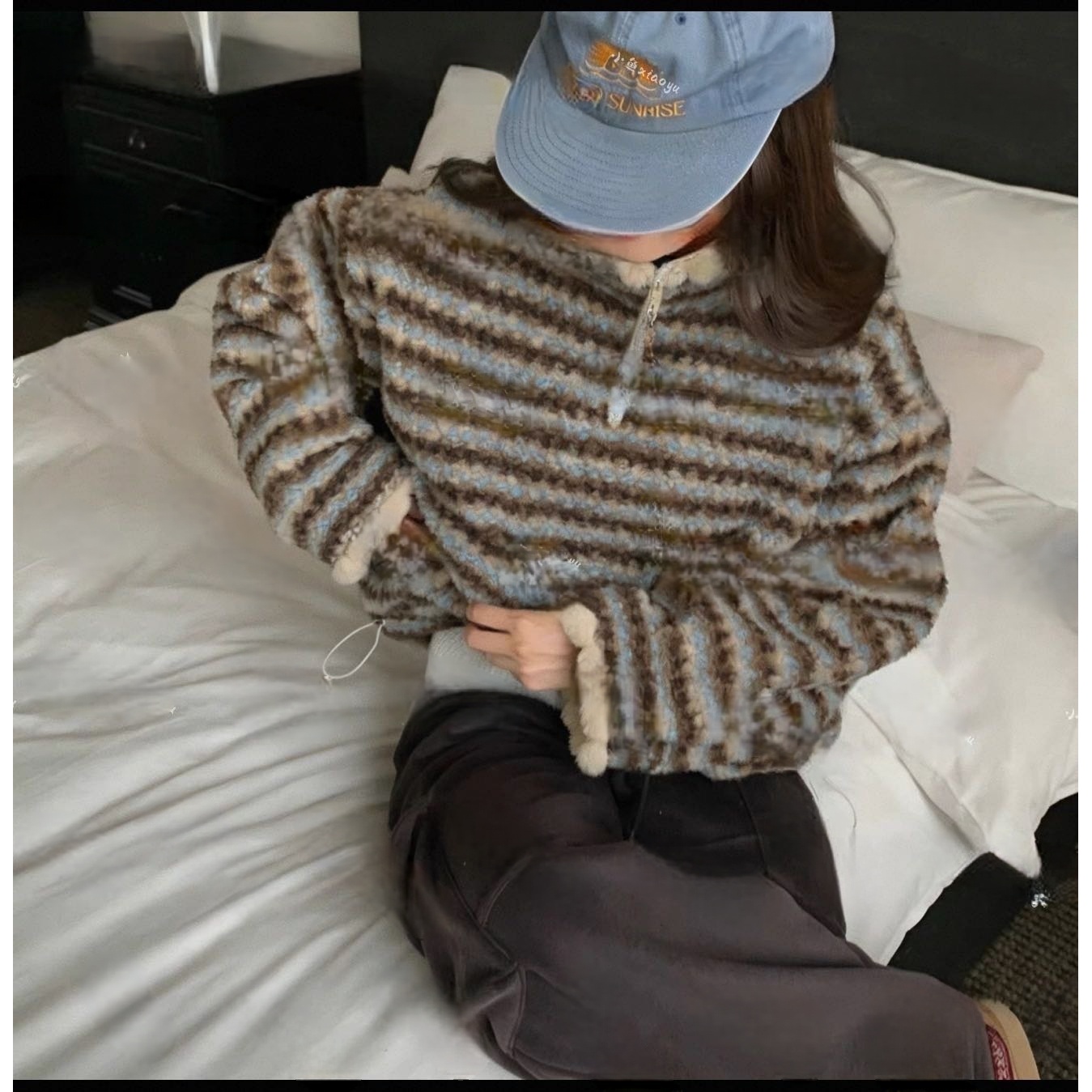 【羊毛&毛球半拉链条纹卫衣】秋冬新款条纹半拉链毛球卫衣DF770