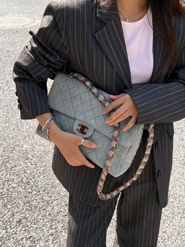 95新 Chanel/香奈儿 丹宁牛仔玳瑁链条贝嫂单肩斜挎包 底长29 4开