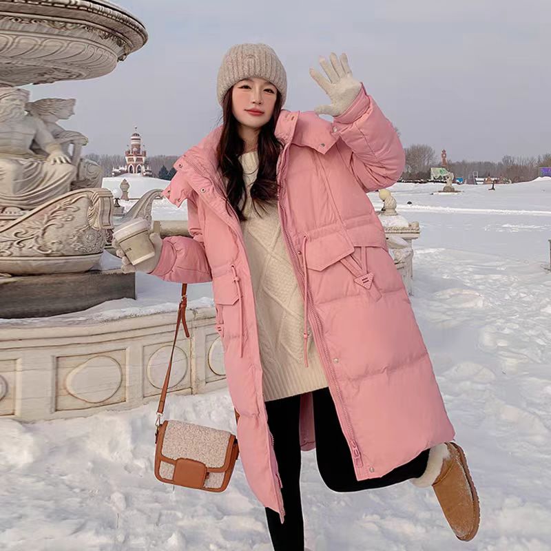 A68#2025冬季新款三角扣收腰鹅绒服女中长款过膝加厚连帽外套潮