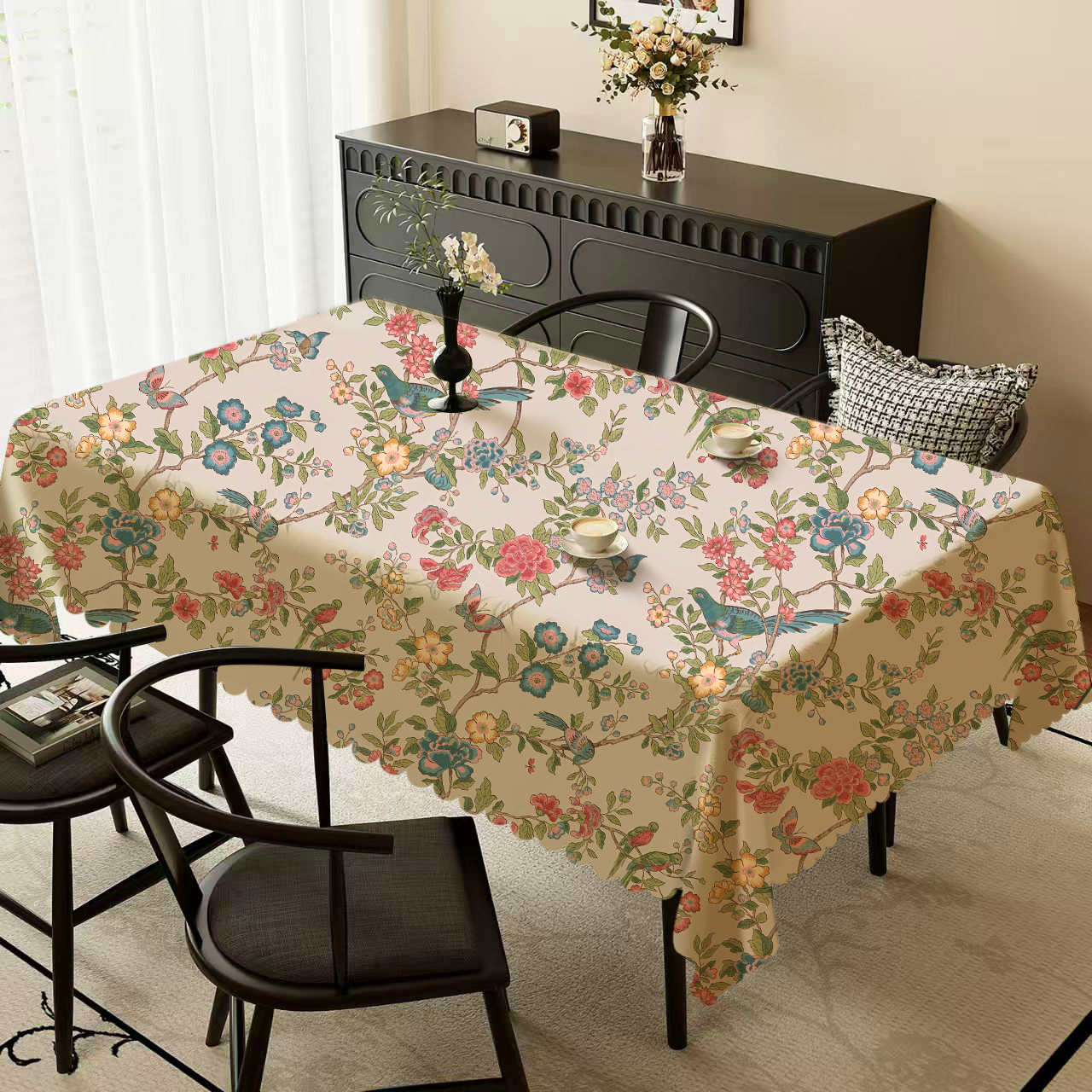 中式花鸟复古餐桌垫防水防油桌布茶几保护垫子耐磨花边盖布垫布